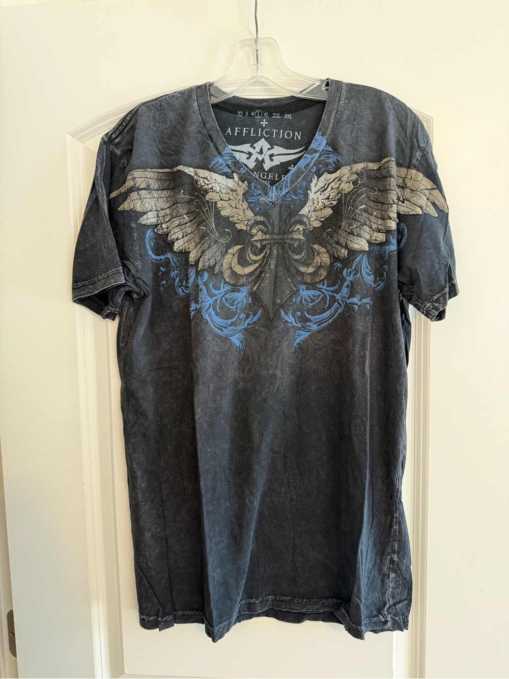 Affliction Black V-Neck Tee with Blue and Gold Wing Graphic